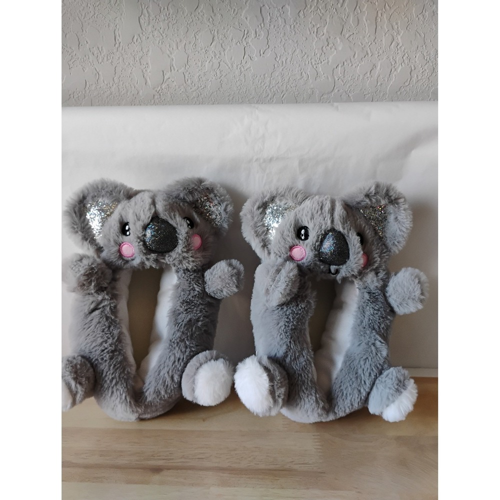Kids Grey Koala Plush Animal Slippers Glitter Accents Non-Slip House Shoes S-009